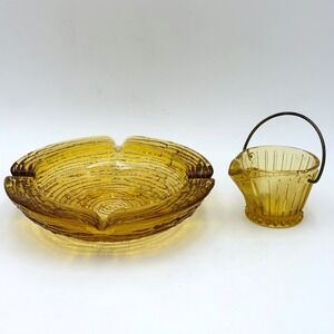 Vtg 60s Anchor Hocking Soreno Amber Gold Glass Ashtray & Holder Bucket MCM Retro